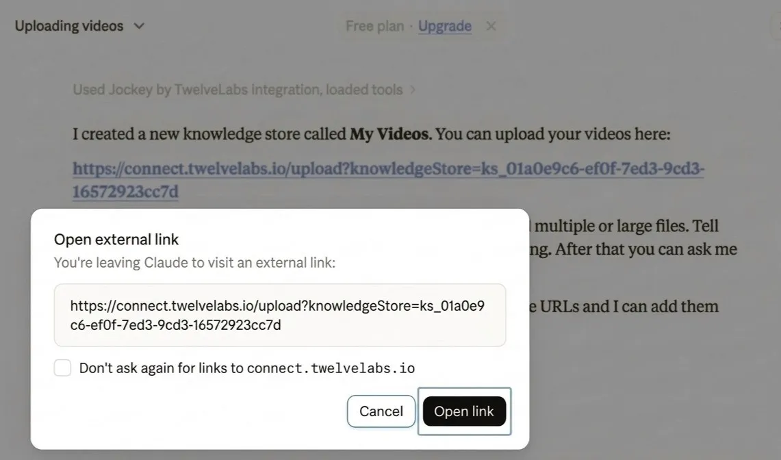 Claude asking to confirm opening the upload link